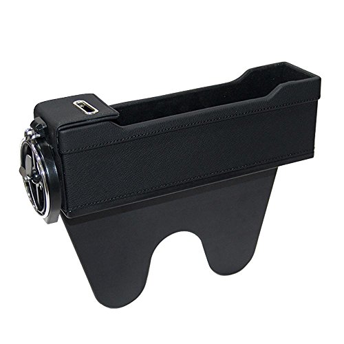 Console Side Pocket with Coin & Cup Holder, Car Seat Organizer Caddy Slit Gap Filler PU Leather, Stop Before It Drops (Black, Driver's Side)