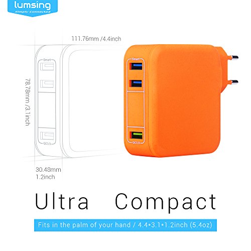 Lumsing Quick Charge 3.0 35W USB Ladegerät Wand Ladeadapter, 1 Port QC3.0 + 2 Port mit Smart IC Technologie Wall Charger für iPhone7/ 7Plus, iPad, HTC One A9/M9, Nexus 6, LG G5 V10 ,Smartphones Tablets und andere USB-ladende Geräte (Orange) - 3