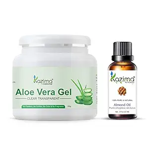 KAZIMA Combo of Aloe Vera Gel 250g & Almond Carrier Oil 15ml - 100% Pure & Natural for Skin, Face, Acne Scars, Hair, Moisturizer & Dark Circles (Combo of 2)