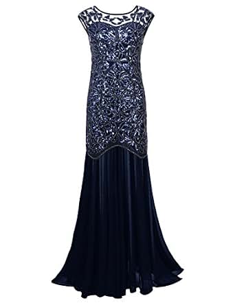 Robe Soirée 1920s Noir à Paillettes - Style Gatsby - Longueur Plancher - Manches Tulle - Pour Bal, Mariage