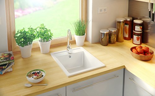 Granitspüle weiß, 1-Becken, Siphon, Granitbecken, Küchenspüle, Schrankbreite ab 40 cm - 4