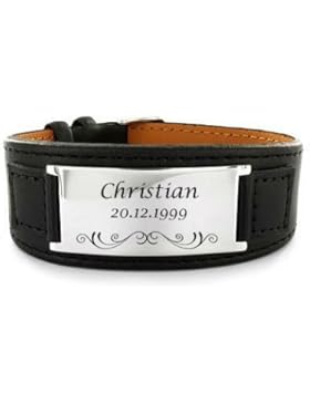 Neu Leder Armband mit Gravur nach Wunsch mit Box schwarz, Edelstahl