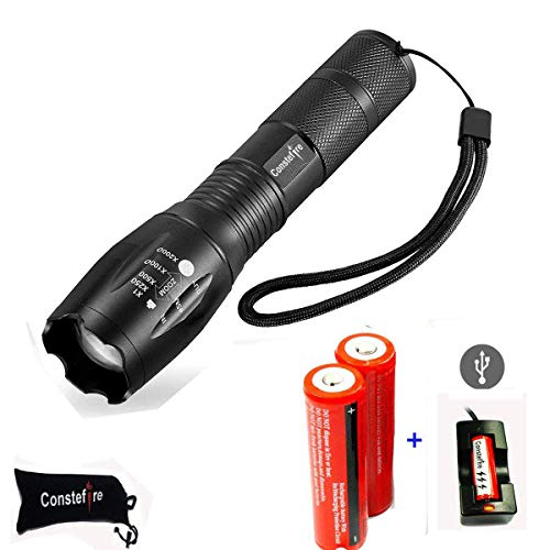 Torcia a LED, CREE T6, 1200 lumen, ricaricabile e 2 batterie 18650, 3,6-3,7 V, 3000 mAh e caricabatteria; torcia tattica con 5 modalità, zoomabile e impermeabile