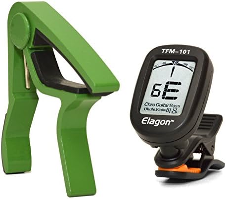 Elagon (CT-GN) Green Capo + Tuner Set - Quick-Release Trigger Action Guitar Capo for Electric, Acoustic and Classical Guitar + New Clip-On Multi-Instrument Tuner, Clear Display, 9 Tuning Modes for Various Instruments: Electric and Acoustic Guitars, Chromatic Tuning for all Non-Standard Tuning, Tuning for Bass, Ukulele, Banjo, Violin, F Key Instruments (e.g. Horn, F trumpet. etc.), Bb Key Instruments (e.g. Soprano Saxophone, etc.), Eb Key Instruments (e.g. Clarinet, etc.).