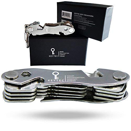 Compact Key Organizer by KEYTEC - Smart Key Holder with Multitools - Bottle Opener Phone Stand - Black Zinc Alloy Key Storage up to 12 keys - Gift Box Package (Expansion kit & Hook Included) Silver