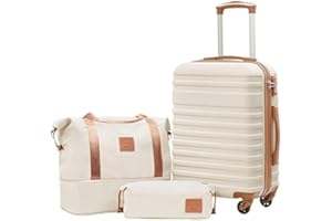 COOLIFE Valise, Valises Rigide Valise Soute, Sets de Bagages Comprend 1 Sac de Voyage et 1 Trousse de Toilette, Cadenas TSA pour Les Voyages, Abricot/Blanc, Set de 3 Valises (20")