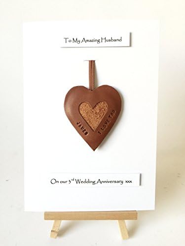 3rd Wedding Anniversary Personalised Leather Heart Leather Gift Card Husband Wife - A5 size Card
