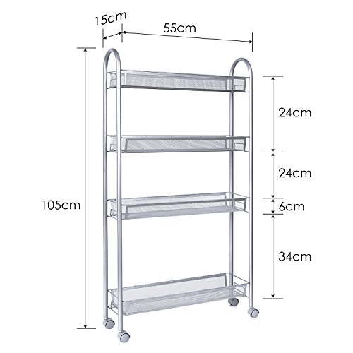 HOMFA Rollwagen Nischenwagen Allzweckwagen Küchenwagen Küchenregal Badregal Standregal mit Rollen 4 Etagen 55x15x105cm silbergrau (Silbergrau) - 2