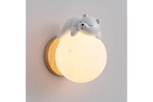 SEMANHUAOZ SEMANHUA Globe Nordic Applique Murale Chambre d'Enfants - Lune Moderne en Bois et Résine Ours - Abat-Jour PLA, G9 Créatif pour Chevet et Décor Luminaire