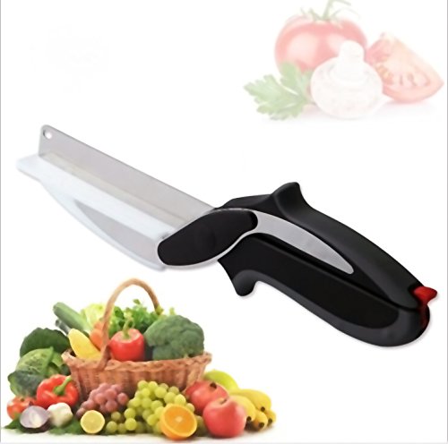 Küchenschere,Yoofor 2 in 1 Multifunktionale Clever Cutter aus rostfreiem Edelstahl, Gemüseschneider und Küchenmesser mit mini Schneidebrett für Salate/ Gemüse/ Fleisch/Kartoffeln und Brot - 9