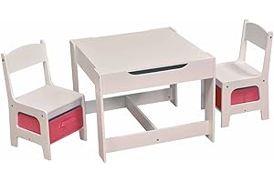 Liberty House Toys Wooden Table and Chair Set Bins, MDF, White, Pink, 48cm H W x 60cm D