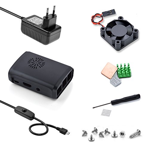 Aukru Negro Caja + Micro USB 5V 3A Cargador con Interruptor + Disipador de Calor + Mini Fan para Raspberry Pi 3 Modelo B, B+