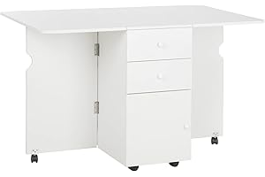 HOMCOM Tavolo da Cucina a Ribalta con 2 Cassetti e Armadietto ad Ante, Tavolo Pieghevole a 6 Ruote in Truciolato, 120x80x75 cm, Bianco