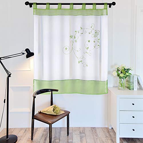 laamei 1Pc Voile Cortina Translúcidas Visillos Cortas con Bordado Floral Decoración para Ventanas Habitaciones Dormitorios Salones Verde, 140cmx145cm