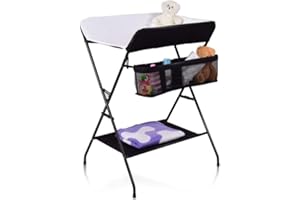 Belfoyer Fasciatoio pieghevole con 4 ruote, organizer portatile per cameretta dei bambini, con cintura di sicurezza e grandi armadietti (bianco e nero)