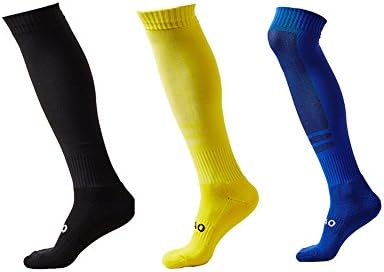 3 Pairs of Men’s Cushioned Support Football Socks High Quality Non Slip High Elastic Breathable Soccer Hockey Tube Socks (L, Blue,Yellow,Black)