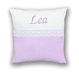 Amilian Kissen 40 x 40 cm mit Namen Datum Pünktchen lila