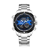 YSCYLY Herren Quarz Sportuhr Stahlgürtel Wasserdicht Doppelanzeige Doppelanzeige Quarzuhr LED Elektronische Militär Stoppuhr Armee Schockbeständig Casual Handgelenk Business Mode Quarz,Blue