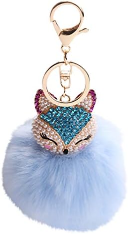 WYXlink Key Chains For 1PC 8CM Fox Fur Ball With Artificial Fox Head Inlay Pearl Rhinestone Key Chain Pendant Jewelry Accessories Collectors Gift (approx 8X8CM, Sky Blue)