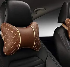Detachi Faux Leather, Cotton Car Neck Rest Pillow/Cushion Set Pillow Compatible with All Cars (Brown)