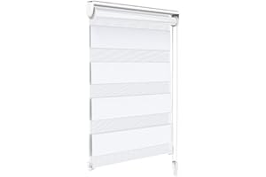 VOUNOT Day and Night Zebra Roller Blind with Clips 55 x 150 cm, Double Fabric Translucent or Blackout Vision Curtains for Window and Door, No Drilling, White
