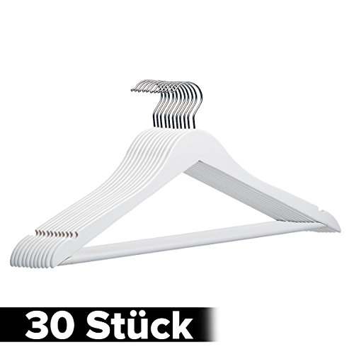 DXP 30 Stück Holz Kleiderbügel Weiß mit Rutschfestem Hosenstange und Rockeinkerbungen, 360 Grad drehbar (30) HG03 weiss