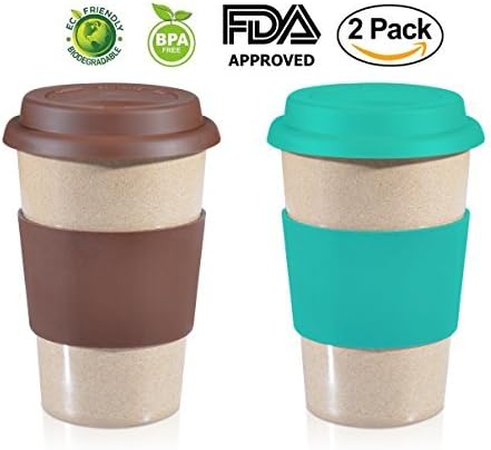 14 OZ VALUE PACK BROWN + SEA GREEN 2 QTY Reusable To Go Travel Mugs Leak proof with Lid &amp; Heat Resistant Non slip Grip. Made with 100% Organic Eco friendly Biodegradable Material FDA approved BPA free