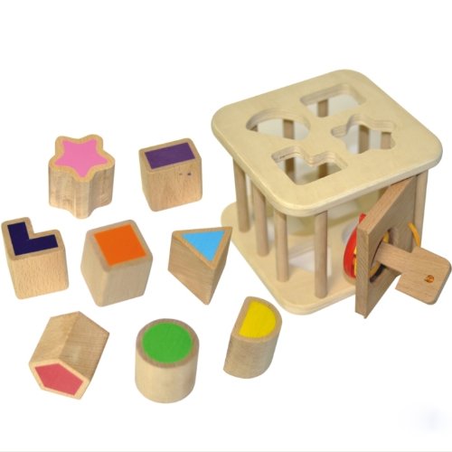 Shape sorter - a wooden lockable cage with sound - Chunky wooden shape sorter and shapes
