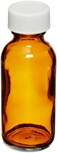 JG Finneran 9A-170 Amber Borosilicate Glass Standard Boston Round Bottle with White Polypropylene Closure and PTFE Lined, 20-400mm Cap Size, 30mL Capacity (Pack of 24)