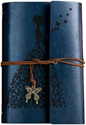 2017 Vintage Butterfly and The Princess Leather Notebook Writing Books Journal Diary PU Cover Ring Binder for Men Women A6(Blue)