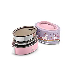 Vaya Tyffyn Unicorn Polished Stainless Steel Lunch Box for Kids Without Bagmat, 600 ml, 2 Containers, Pink