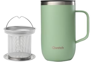 QWETCH - Mug Isotherme Inox Recyclé avec Anse & Filtre Infuseur Vert Tilleul - Tisanière Isotherme 470ml - Thermo Café & Thé - 6h Chaud & 12h Froid - Bouchon Coulissant Anti-Éclaboussures