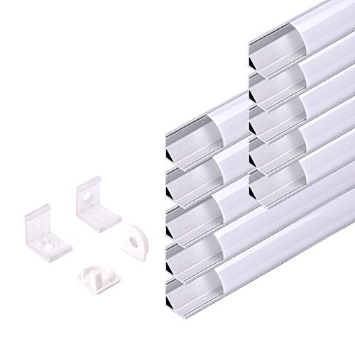 KingLed - 10 Pack Profilés Angulaires en Aluminium Anodisé LED de 1M chacun; Modèle 007 pour Bandes à LED avec Couverture Opaque en Plexiglas. Capuchons et Clips de fixation). Code 1899