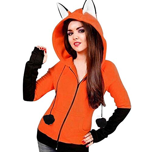FuweiEncore Moda otoño Invierno Sudadera con Capucha Jumper para Mujer Casual Orejas de Zorro Sudadera de Manga Larga con Capucha Chaqueta suéter de Las señoras (Color : Naranja, tamaño : Small)
