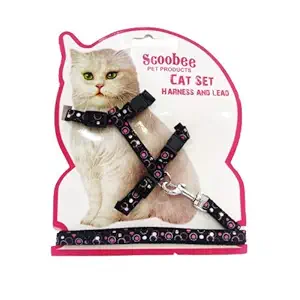 Furry Critters Cat Adjustable Nylon Printed Harness Strap Collar with Leash Set Small Pet Walking for Kitten, Multi Color