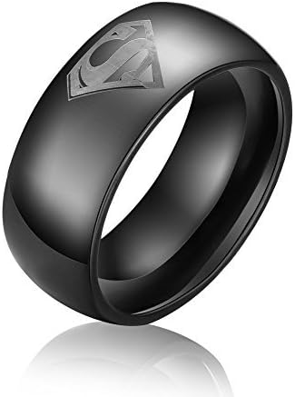 Dilanca 8mm Black Beveled Tungsten Carbide Men's Comfort Fit Wedding Bands Rings with "Superman"