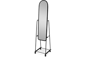 MATFFY Mattfy Espejo Alto de Cuerpo Entero de Pie, con Ruedas y Almacenaje, Modelo Gloria, Decorativo, Práctico y Funcional, Medidas: 37,5 cm Largo x 159 cm Alto x 38,5 cm Fondo