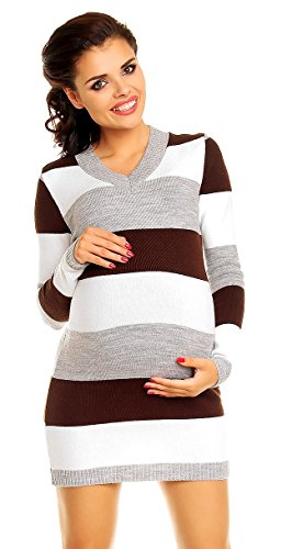 Zeta Ville Women's - Maternity Stripes Knit Jumper Dress Tunic Top V-Neck - 405c (Brown, ONE SIZE UK 8/10/12)