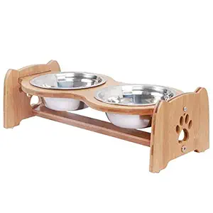 X-ZONE PET Raised Pet Bowls for Cats and Dogs, Adjustable Bamboo Elevated Dog Cat Food and Water Bowls Stand Feeder with 2 Stainless Steel Bowls and Anti Slip Feet (Height 4