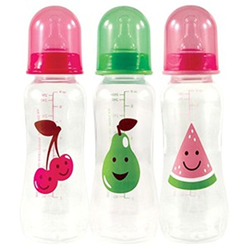 NURTRIA BASIC 3-PACK BPA FREE EASY GRIP BABY BOTTLE 8 OUNCE (FRUITS) (PINK)