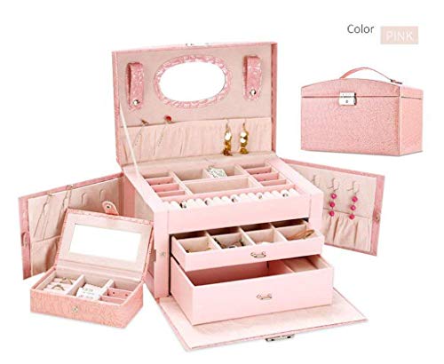 Preisvergleich Produktbild Udane Schmuckkästchen Aufbewahrungskoffer Leder Schmuckschatulle Frauen tragbare Krokodil Schmuckschatulle Multi-Funktions gesperrt (Größe: 26 cm & Zeiten; 18 cm & Zeiten; 16 cm), rot (Farbe : Pink)