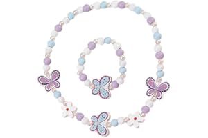 Azlanway Kinder Schmuckset 2-teilig – Halskette & Armband aus Holz mit Schmetterling Motiv, elastischer Kinderschmuck für Mädchen, buntes Zubehör für Geburtstag, Party, Verkleidung & Geschenk