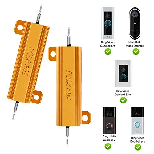 FCHO 50W 25 Ohm Resistor 5% Aluminum Screw Tap Chassis Mounted Case Wirewound Load Resistors suitable for Nest Hello Doorbell Gold Tone, Ring Doorbell (2Pack)