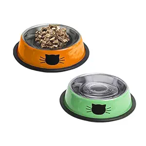 YATAOME Cat Food and Water Bowls Set Metal Stainless Steel Non-Skid Rubber Base Easy to Clean Pet Dry or Wet Food Dish with Cute Pattern for Small Dogs Kitten Puppy Rabbits, 2 Pack (Orange, Green)