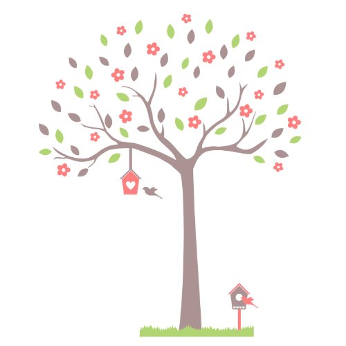 Woodland tree with birdhouses and grass border wall sticker set (Option 1)