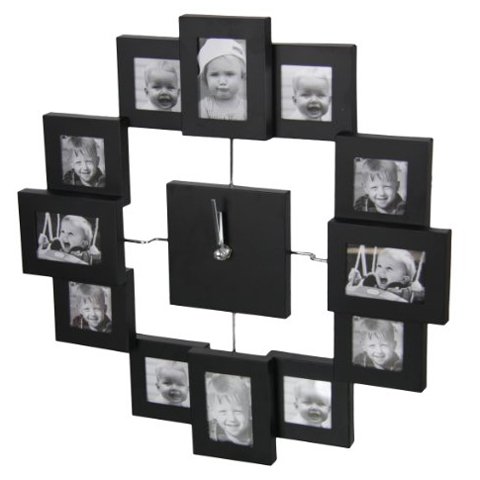 vevendo® Wanduhr für 12 Fotos Bilderrahmen schwarz - Bilderrahmenuhr - Photoframe