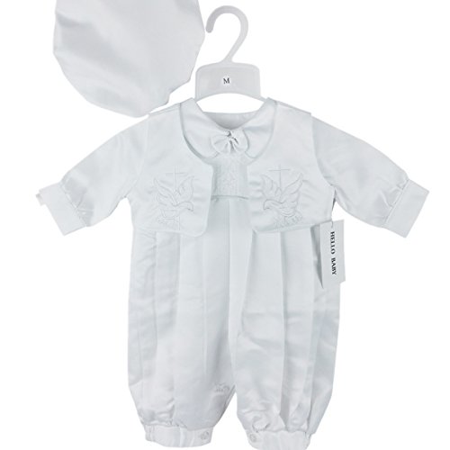 H/B 3 Pcs Satin Cross Embroidery Christening Baptism Romper with Hat Full Length (Newborn-2T) 0691 (L)