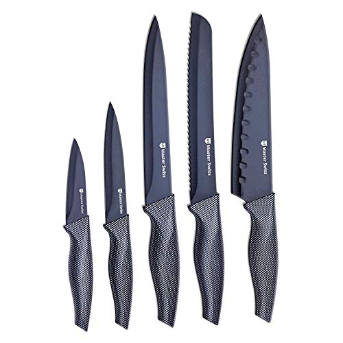 Master Swiss Chef Essential 5 Piece Knife Set in Stainless Steel, Black Carbon, Kitchen Utility Knife for Home Kitchen and Chef and Great Gift Idea - 8, 5 and 3.5 Inch