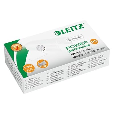 Leitz Agrafes P3 24/6, Longueur 6 mm, 1000 Pièces, Agrafe jusqu’à 30 Feuilles, Fil Acier Résistant, Blanc, Power Performance, 55540000
