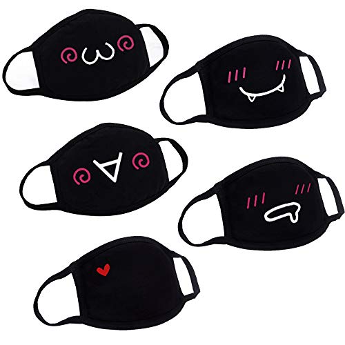 Hanjoy Anti-Poussière Coton Bouche Masques 5 Pcs Masque Mignon Unisexe Mélange Anti-Vent Vent Noir Bouche Masque pour Enfants Adolescents Hommes Femmes, Noir